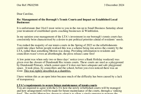 Letter from Paul Kohler to Merton Council cabinet member responsible for sport