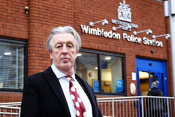 Wimbledon's MP, Paul Kohler outside Wimbledon police station