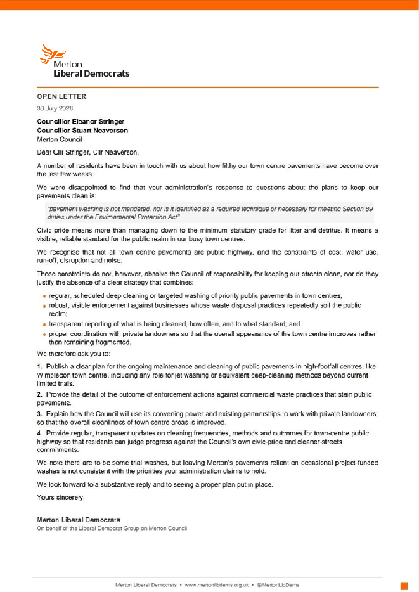 Open letter from Merton Lib Dems on street cleanliness